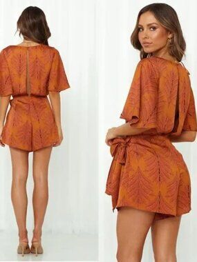 Saints + Secrets NADI Short Sleeve Satin Romper Dress, V-neck Surplice-  Size M